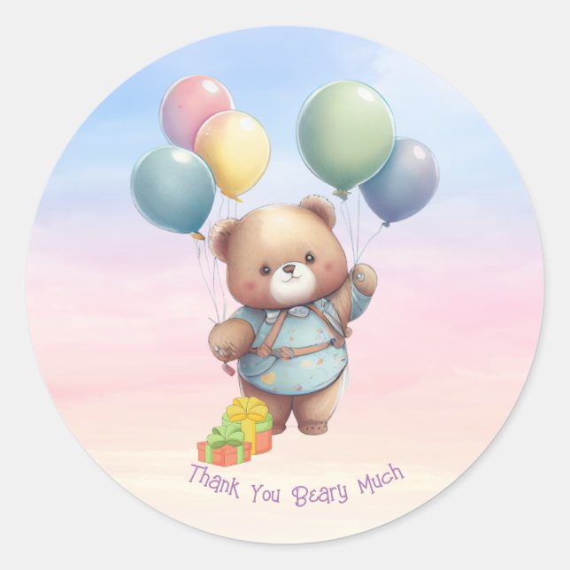 Sticker Rond Ours en peluche mignon avec ballons Personnalisé (Devant)