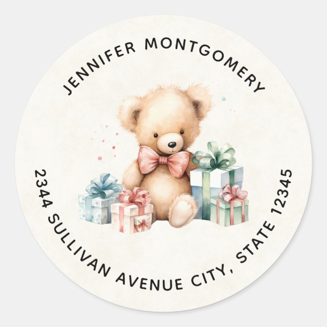 Sticker Rond Ours en peluche mignonne avec cadeaux de Noël - Ad (Devant)