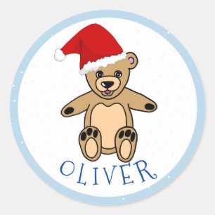 Sticker Rond Ours en peluche mignonne avec chapeau de Noël Enfa