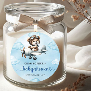 Sticker Rond Ours en peluche minimaliste Pilote Avion Bleu Marr