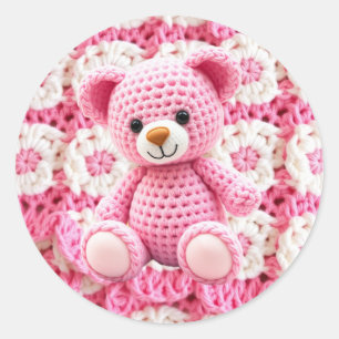 Sticker Rond Ours en peluche rose au crochet C'est une fille