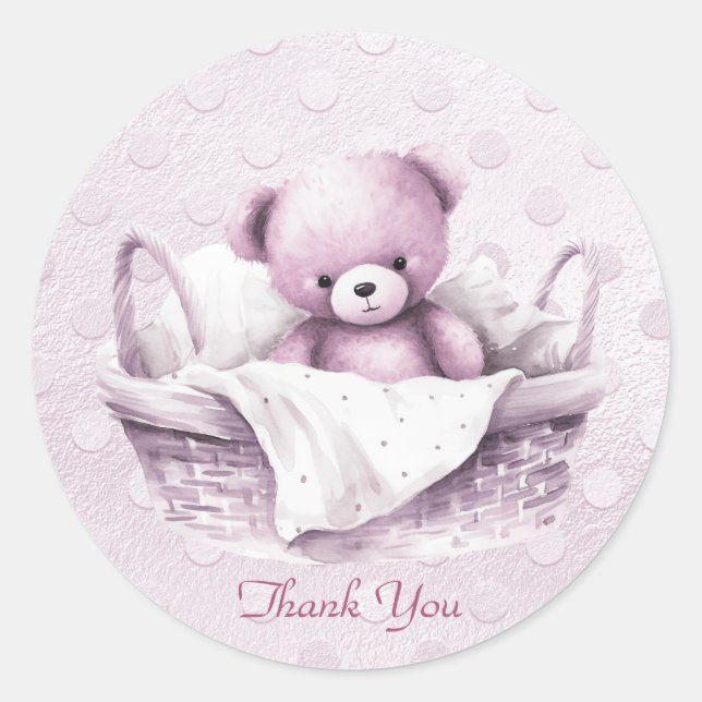 Sticker Rond Ours en peluche rose dans l'autocollant du panier (Devant)