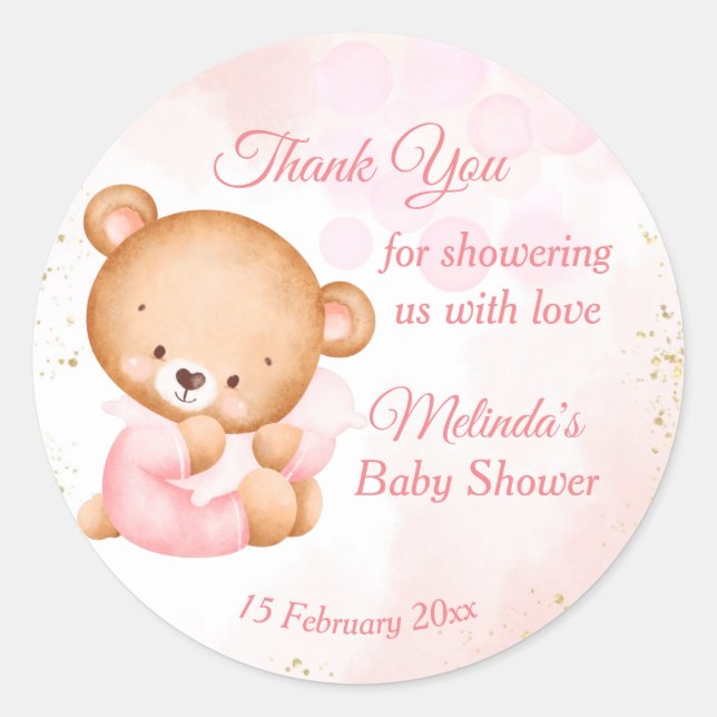 Sticker Rond Ours en peluche rose mignon avec baby shower couss (Devant)