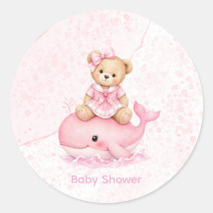 Sticker Rond Ours en peluche rose sur une fille baleine Baby Sh