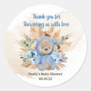 Sticker Rond Ours en peluche tropicale pampas herbe fleurs bleu
