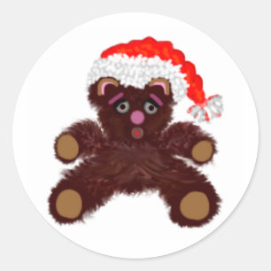 Sticker Rond Ours En Teddy Avec Chapeau De Père Noël