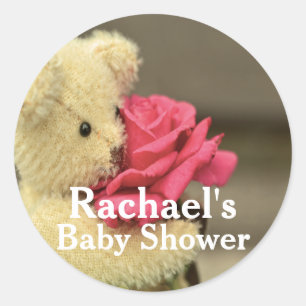 Sticker Rond Ours En Teddy Doux Avec Baby shower Rose