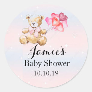 Sticker Rond Ours en Teddy Rose - Baby shower bébé fille
