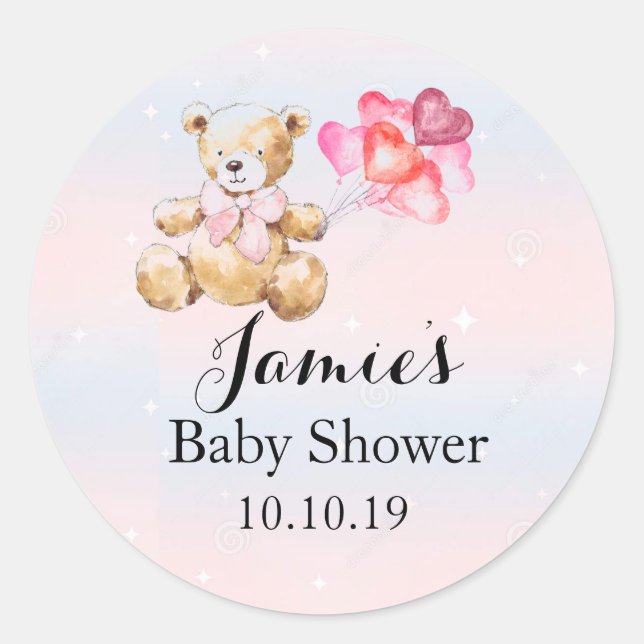 Sticker Rond Ours en Teddy Rose - Baby shower bébé fille (Devant)
