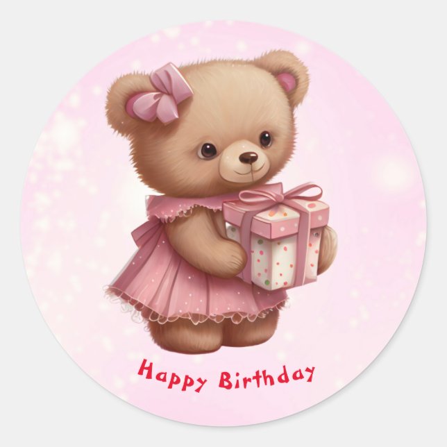 Sticker Rond Ours En Teddy Rose Cute Anniversaire Personnalisé (Devant)