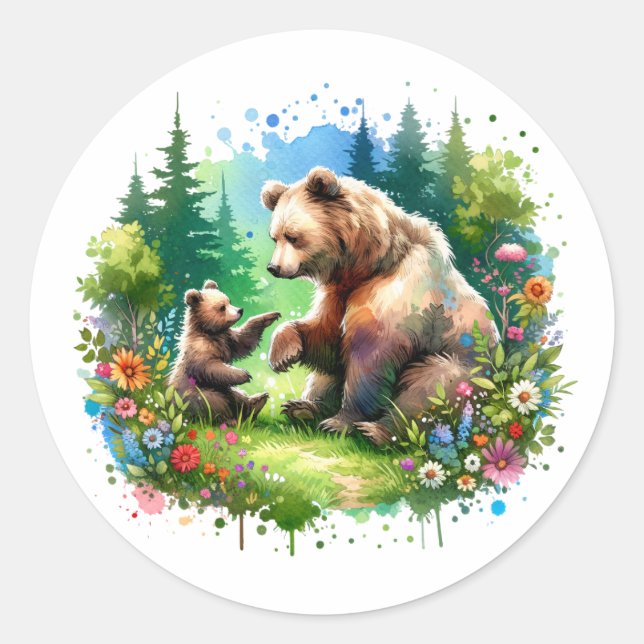 Sticker Rond Ours et cubes d'aquarelle (Devant)