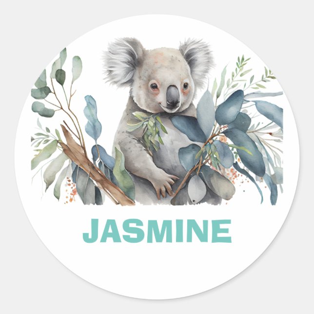 Sticker Rond Ours koala mignon, eucalyptus (Devant)