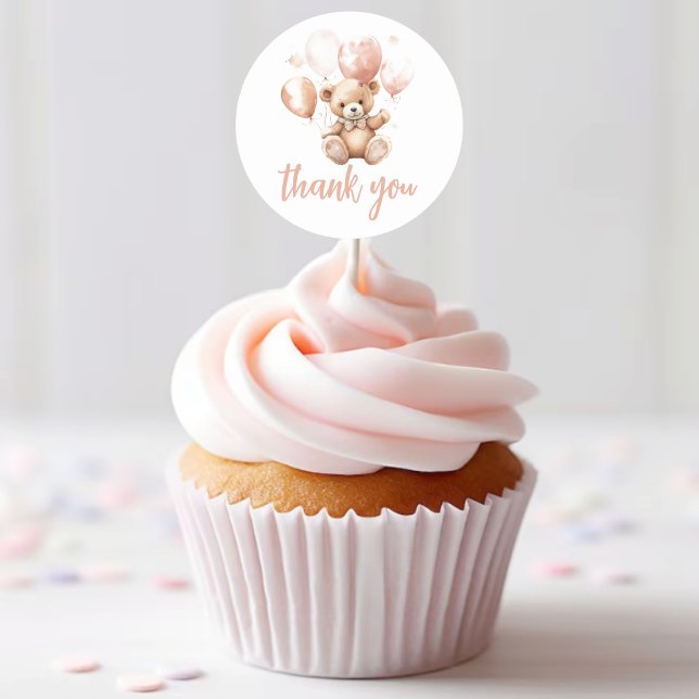 Sticker Rond Ours mignon Avec Ballons | Bébé rose (Créateur téléchargé)