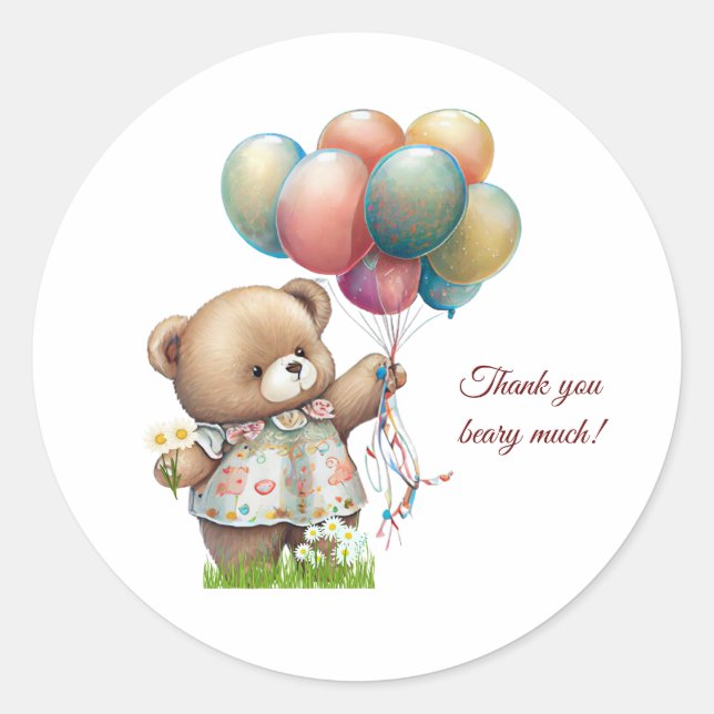 Sticker Rond Ours mignon avec ballons Personnalisé (Devant)