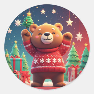 Sticker Rond Ours mignon en pull de Noël
