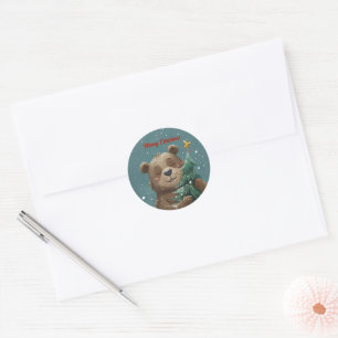 Sticker Rond Ours mignon et joyeux qui embrasse l'arbre de Noël