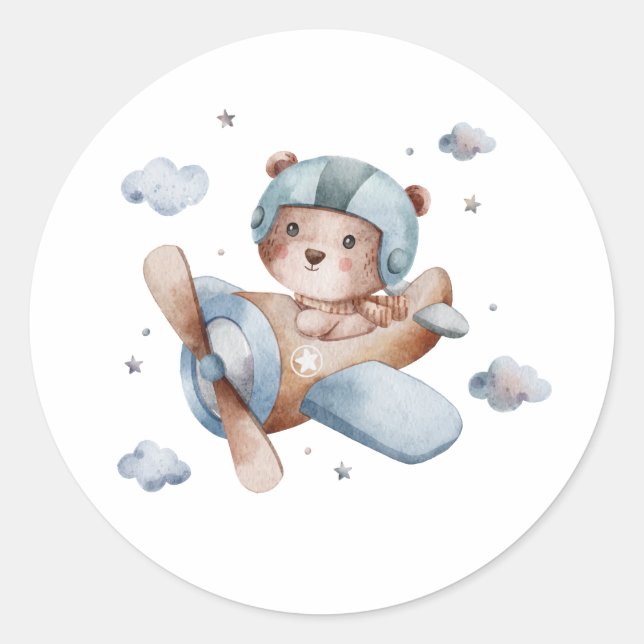 Sticker Rond ours mignon volant sur l'aquarelle de l'avion (Devant)