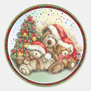 Sticker Rond Ours mignons avec chapeau de Père Noël et arbre de