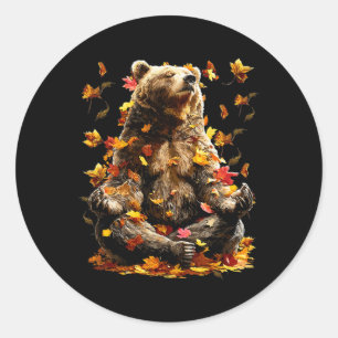 Sticker Rond Ours Pacifique Feuilles D'automne Méditation Zen A