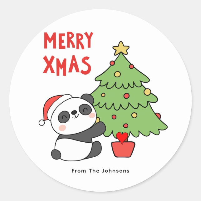 Sticker Rond Ours Panda Avec Arbre De Noël (Devant)