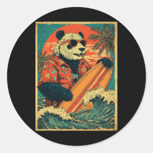 Sticker Rond Ours Panda de Surf Rétro surfeur Hawaïen Animal Êt