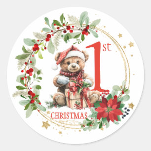 Sticker Rond Ours Poinsettia Foliage Baby's First Christmas
