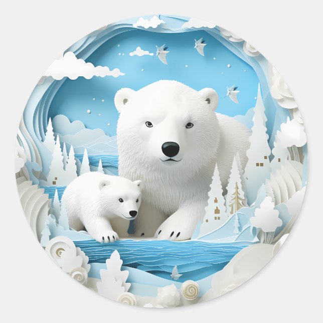 Sticker Rond Ours polaire avec petit Océan Arctique Hiver blanc (Devant)