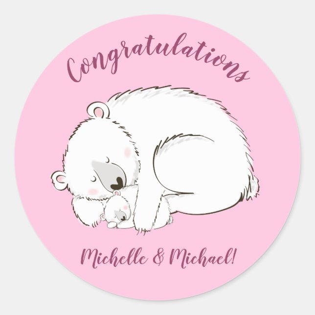 Sticker Rond Ours polaire Baby shower fille rose (Devant)