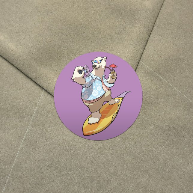 Sticker Rond Ours polaire cool surf avec cocktail Dessin (Créateur téléchargé)