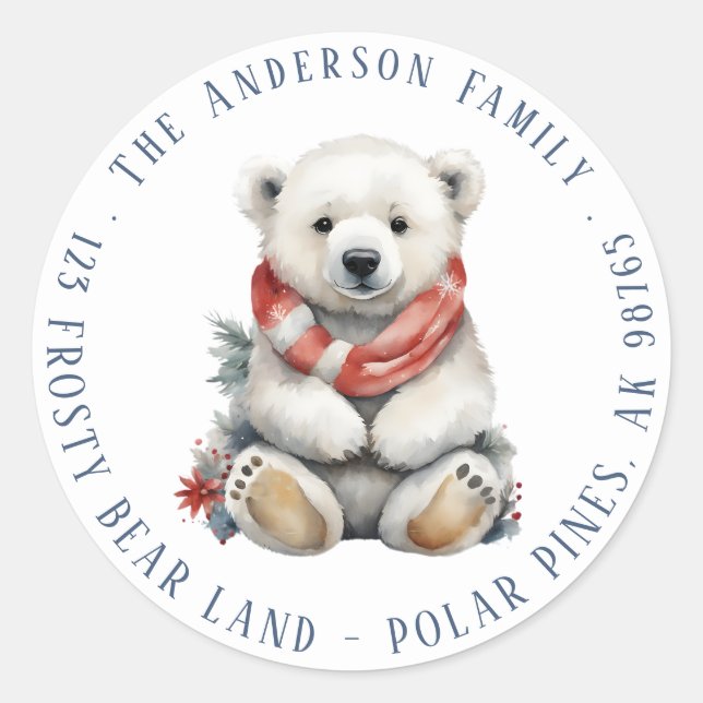 Sticker Rond Ours polaire de Noël avec écusson rouge Adresse de (Devant)