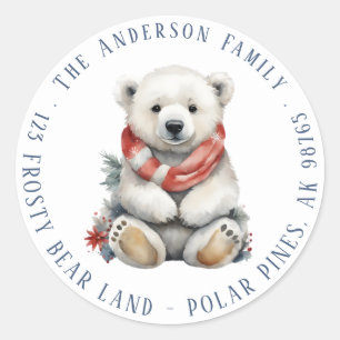 Sticker Rond Ours polaire de Noël avec écusson rouge Adresse de