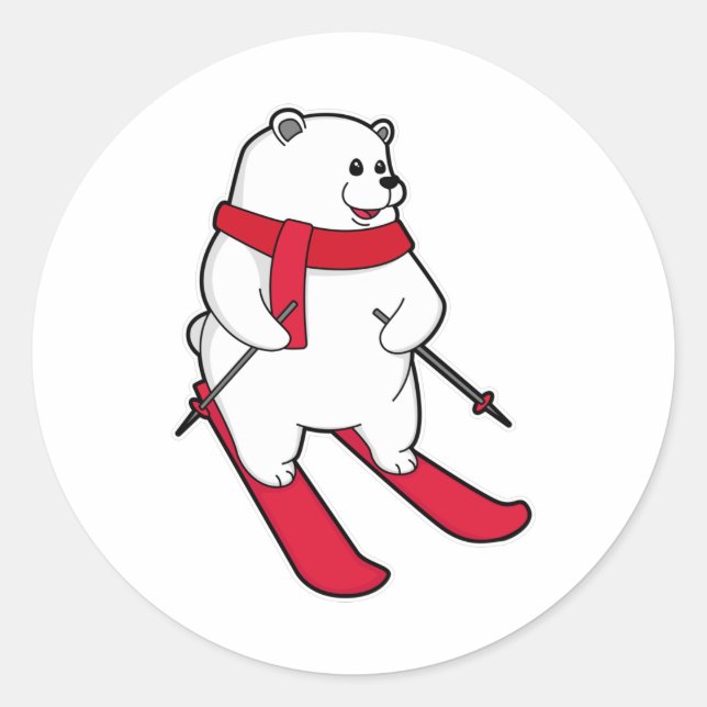 Sticker Rond Ours polaire en ski avec ski (Devant)