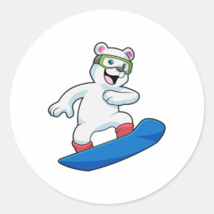 Sticker Rond Ours polaire en Snowboardeur avec Snowboard