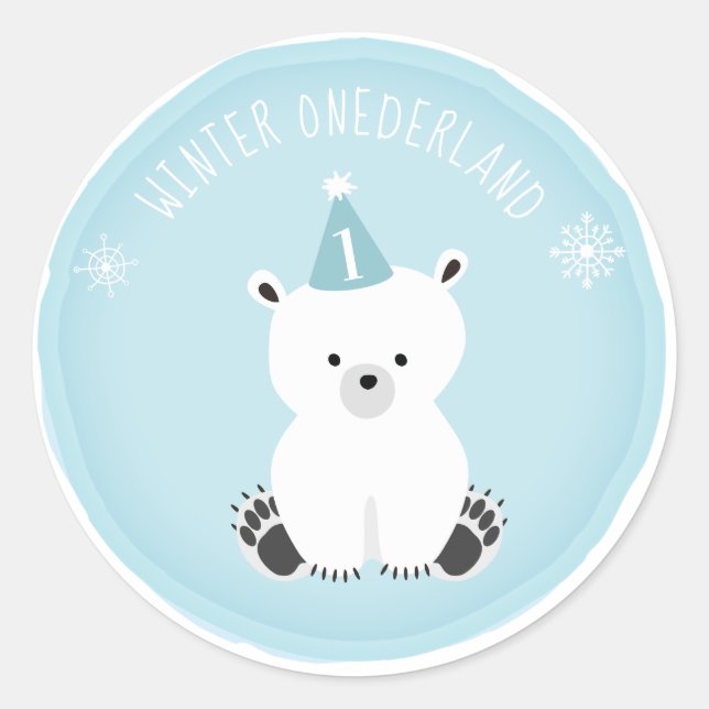Sticker Rond Ours polaire Hiver Onederland Bleu Anniversaire (Devant)