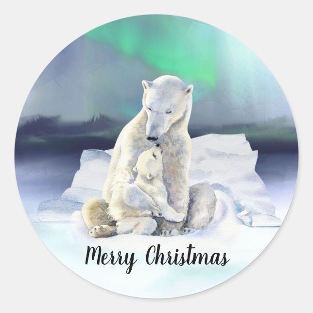 Sticker Rond Ours polaire Mère et bébé Noël (Devant)