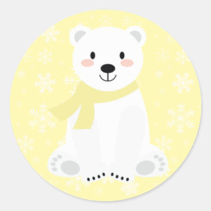 Sticker Rond Ours polaire mignon Hiver Flacon de neige Jaune