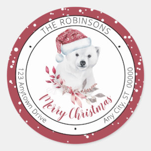 Sticker Rond Ours polaire   Santa Hat Joyeux Noël Famille