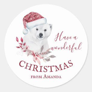 Sticker Rond Ours polaire Santa hat joyeux Noël mignon