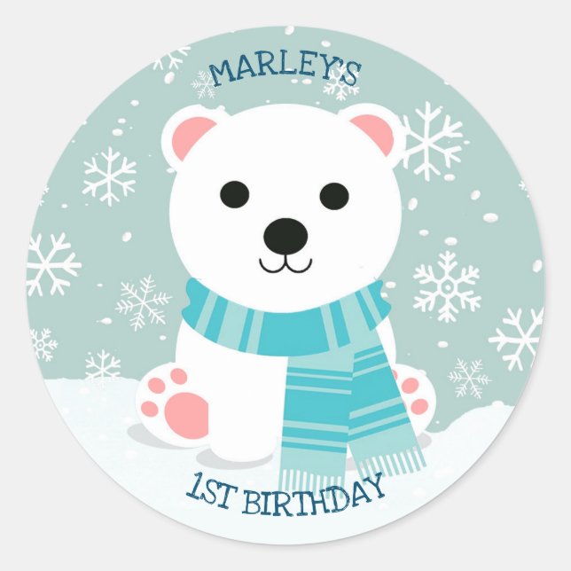 Sticker Rond Ours polaire Snowflakes hiver Cub (Devant)