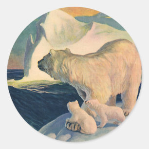 Sticker Rond Ours polaires vintages sur Iceberg, animal sauvage