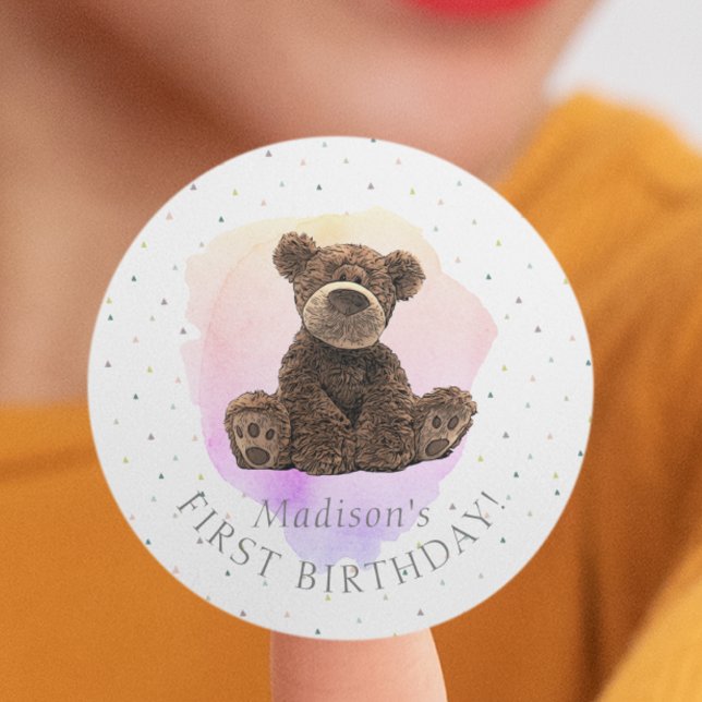 Sticker Rond Ours sauvage rose premier anniversaire mignonne mo (Créateur téléchargé)