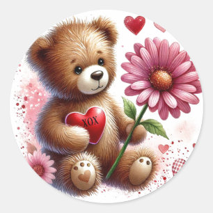 Sticker Rond Ours Teddy Avec Coeur Saint-Valentin Rouge