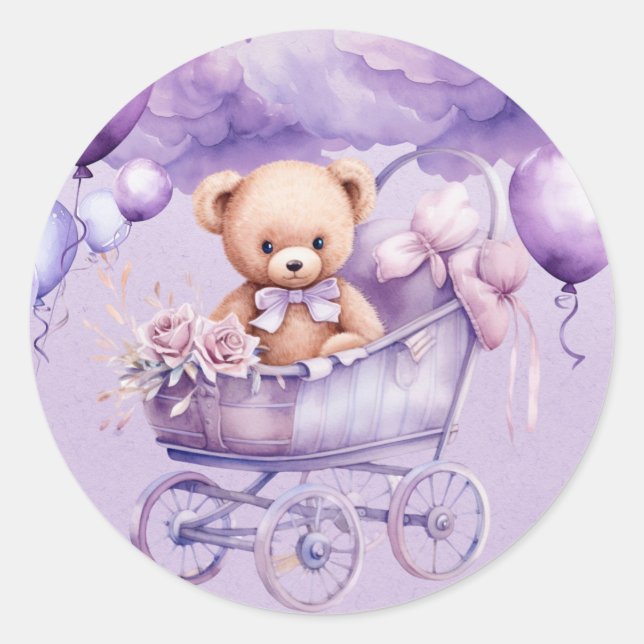 Sticker Rond Ours Teddy Avec Lavender Carriage Girl Baby shower (Devant)