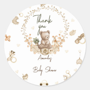 Sticker Rond Ours Vintage rustique & Jouets Baby shower Merci