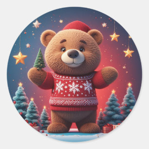 Sticker Rond Ourson mignon en pull de Noël