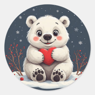 Sticker Rond Ourson polaire blanc adorable tenant un cœur rouge