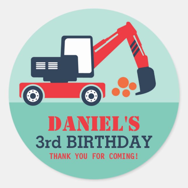 Sticker Rond Outil d'excavateur pour enfants Anniversaire Fête  (Devant)