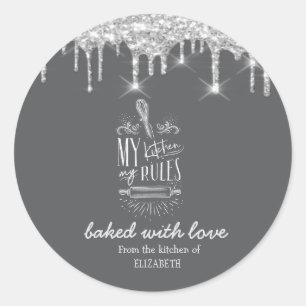 Sticker Rond Outils de boulangerie gouttes de paillettes argent