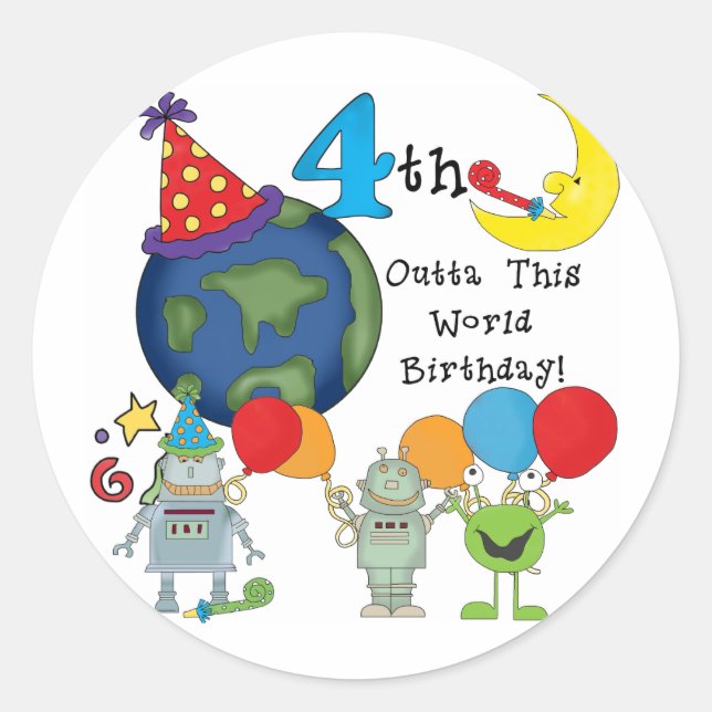 Sticker Rond Outta This World 4th Birthday Tshirts et cadeaux (Devant)