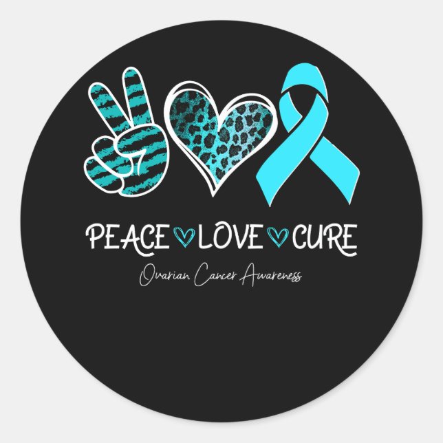 Sticker Rond Ovarian Cancer Awareness Teal Ribbon Heart Peace L (Devant)